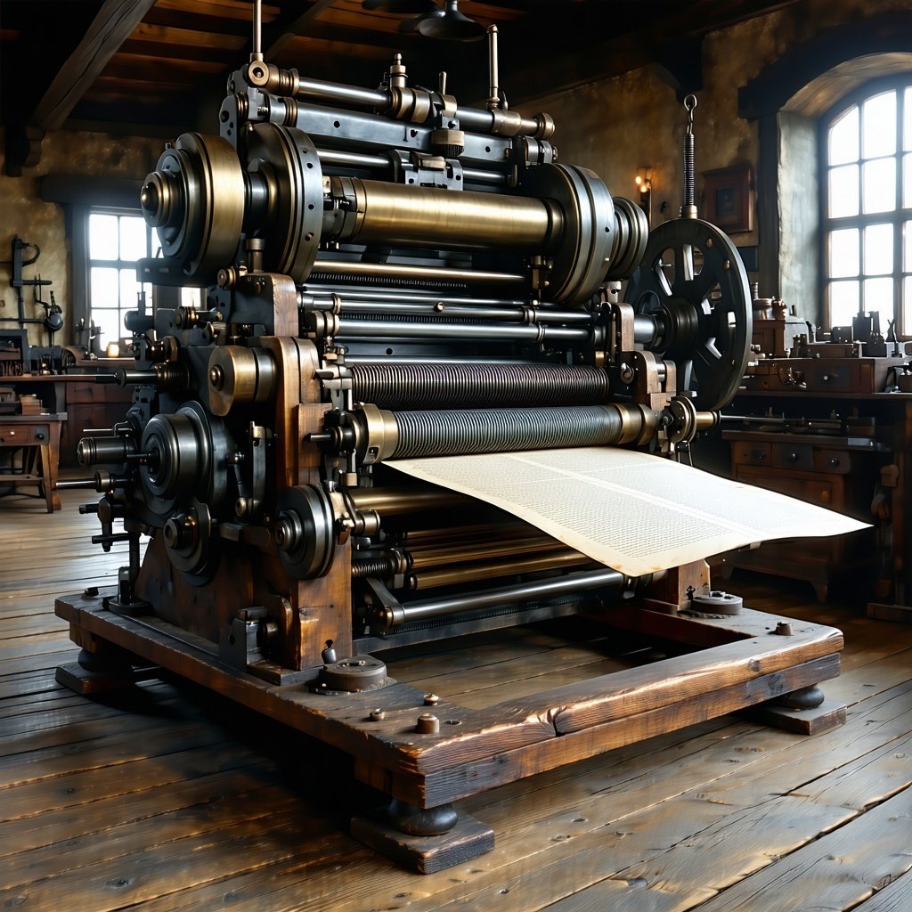 The oldtime printing press a marvel of mechanical engineering stands robustly in the dimly lit workshop its wooden frame polished by years of use As the operator skillfully rolls the heavy inkcoated rollers over the metal type the rhythmic clanking o-1